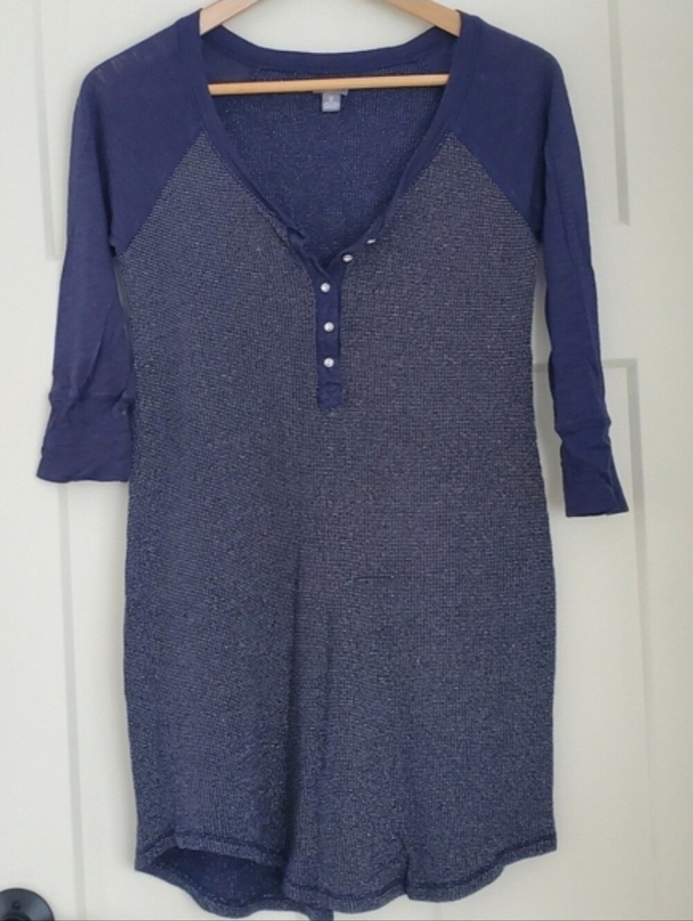 Aerie 3/4 Sleeves Blue & Silver Speckled Thermal Raglan Henley Tunic